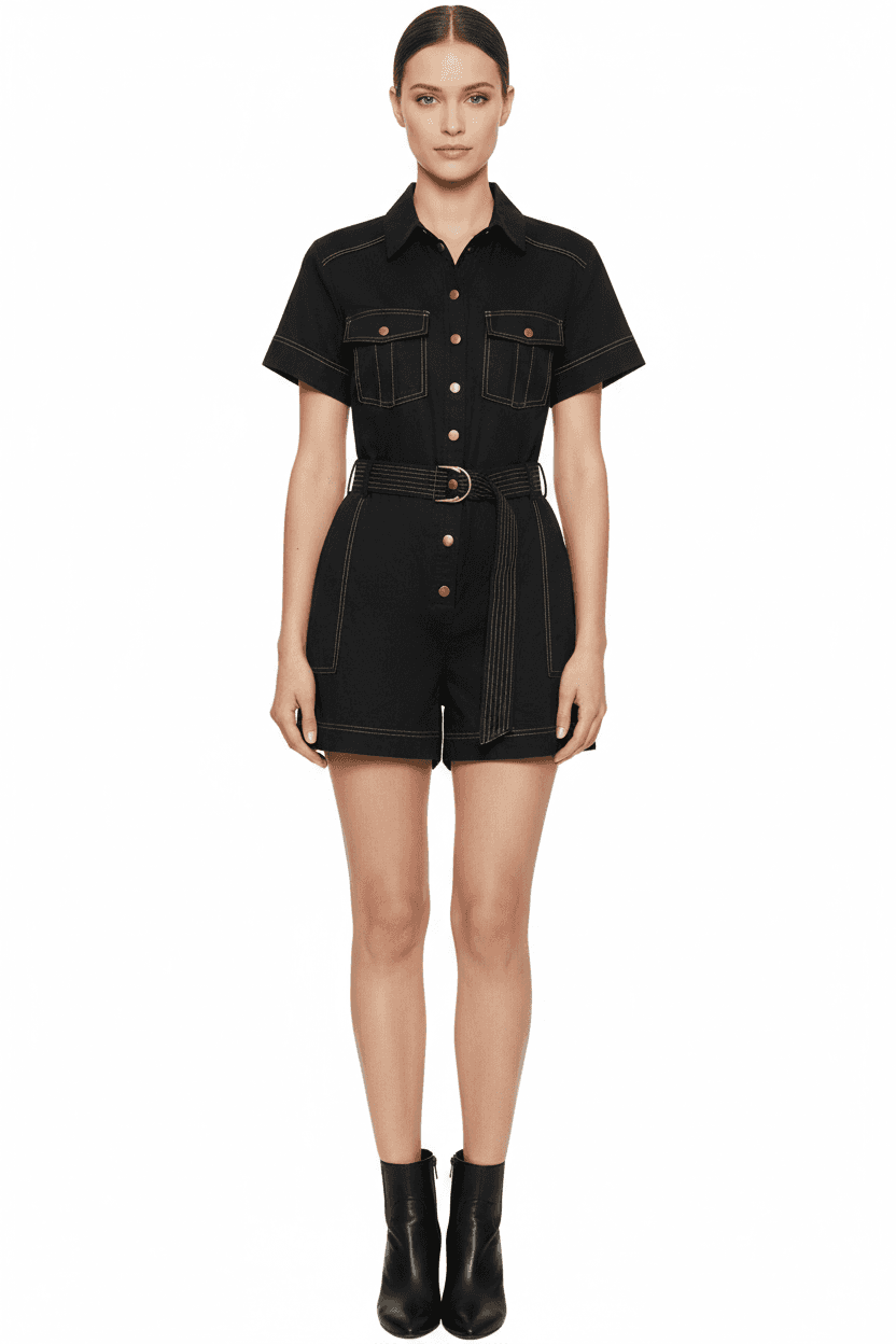 Черный женский комбинезон-ромпер. Стильный, практичный, с карманами. Идеален для повседневного комфорта.