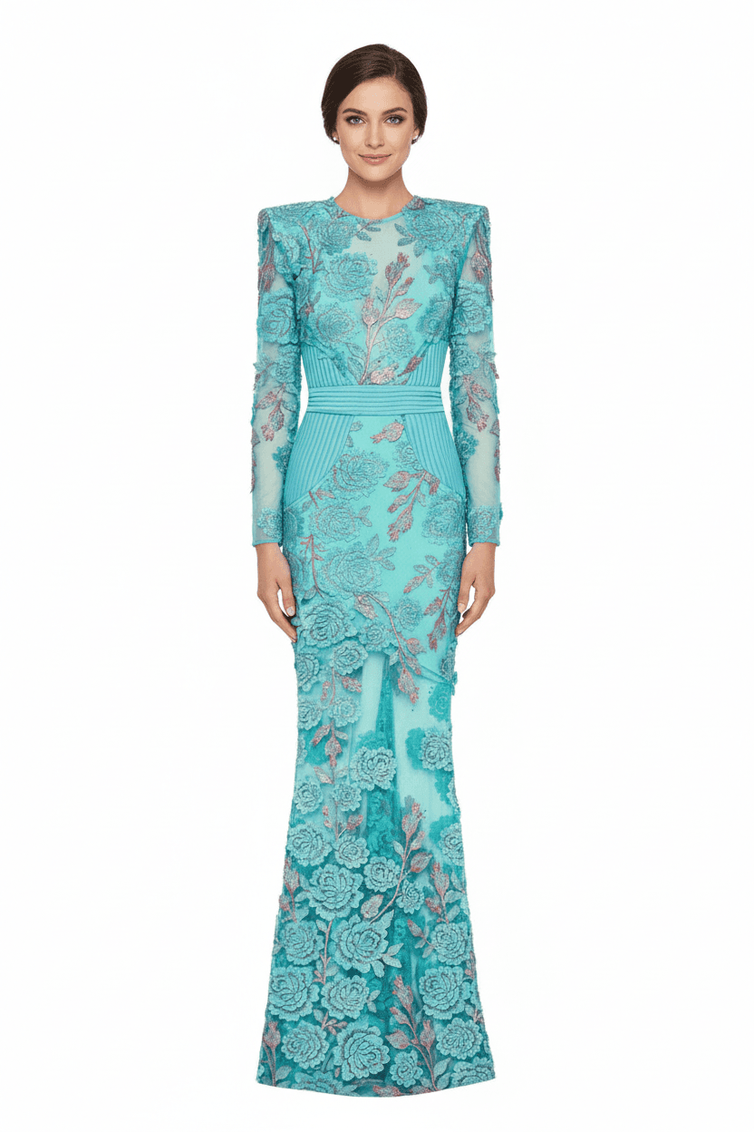 Роскошное Бирюзовое Кружевное Вечернее Платье в Пол - Элегантный Образ для Особого Случая
