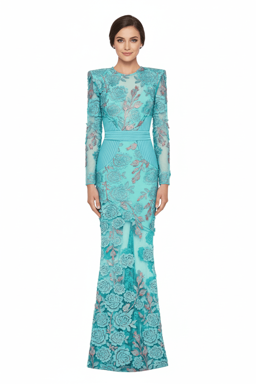 Роскошное Бирюзовое Кружевное Вечернее Платье в Пол - Элегантный Образ для Особого Случая